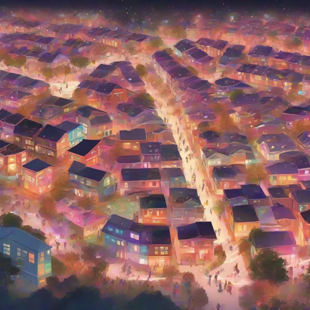 Illustrate a vibrant neighborhood festival scene where small local data nodes glow, connected by gentle light streams, while distant data centers fade into the background, emphasizing low latency and calm network hum, with subtle cultural motifs and seasonal colors blending into a serene, edgeu2011aware digital ecosystem.