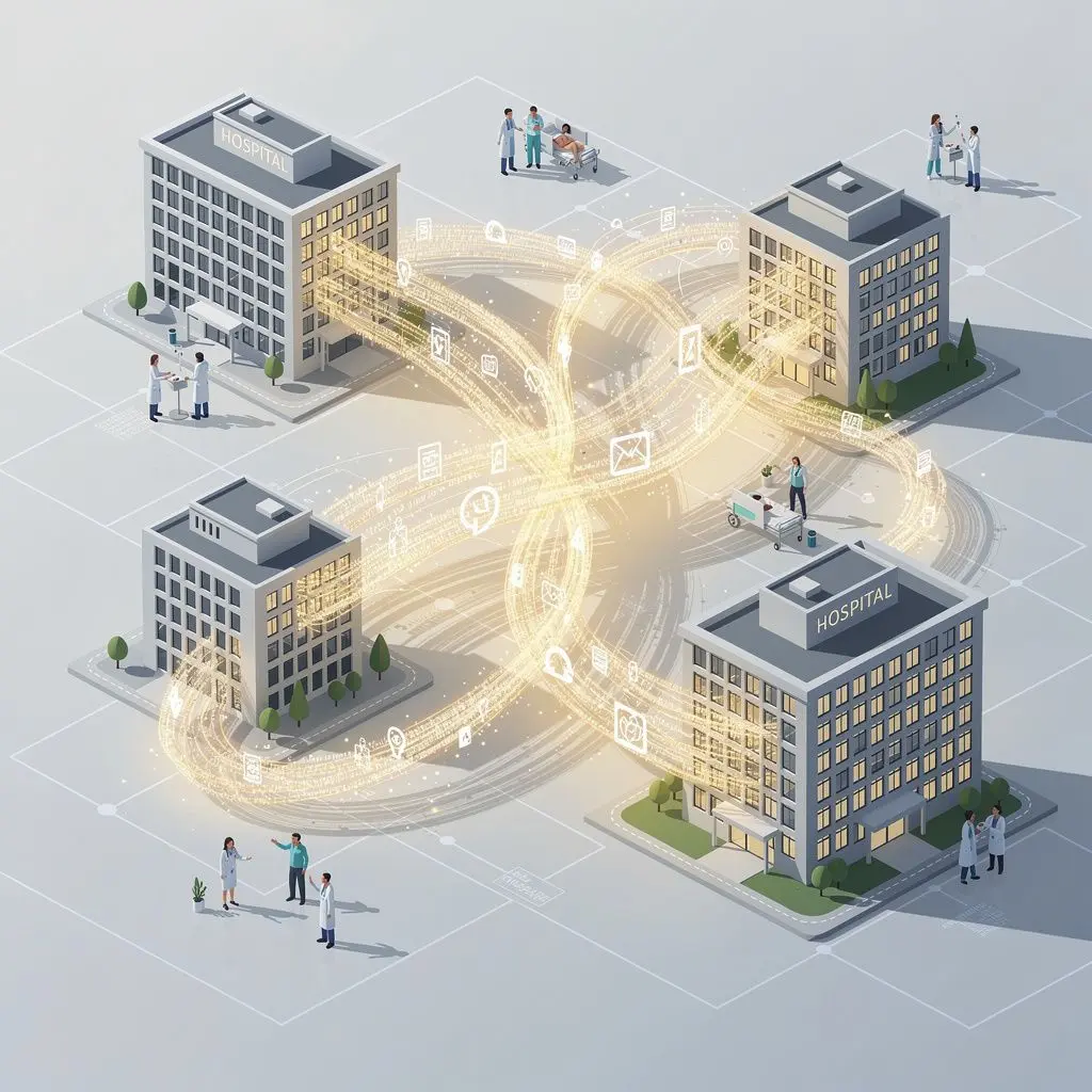 Digital patchwork of modern hospitals exchanging glowing data streams, warm ethereal lighting, detailed texture showing encrypted signal strands, intertwined light ribbons, collaborative team spirit, sentimental yet precise mood, illustrate