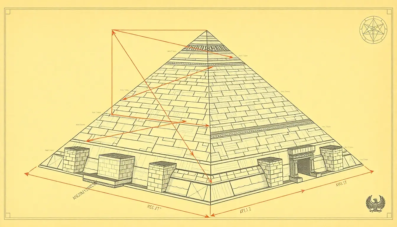 A stylized layout of the Great Pyramid of Giza with annotated geometric ratios, lines connecting apex to corners, cardinal direction arrows, golden ratio and Egyptian motifs, rendered in detailed architectural blueprint style.